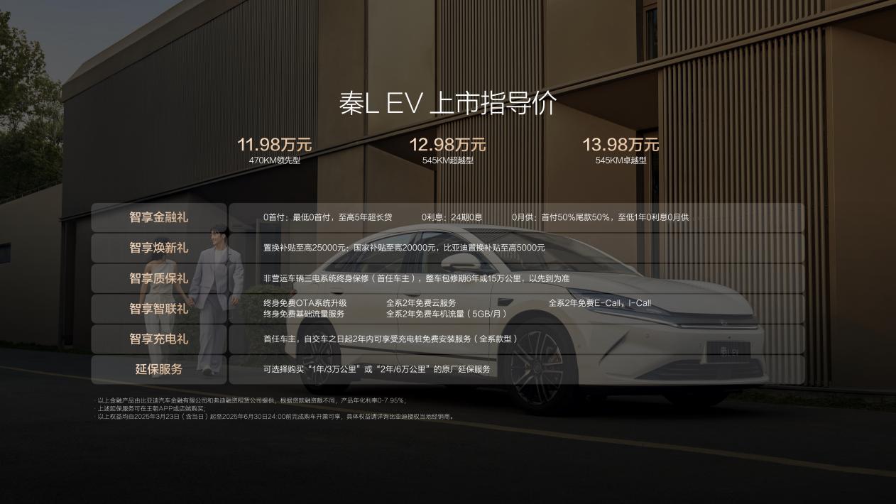 30万级神装备中级纯电轿车秦L EV上市，11.98万元起！