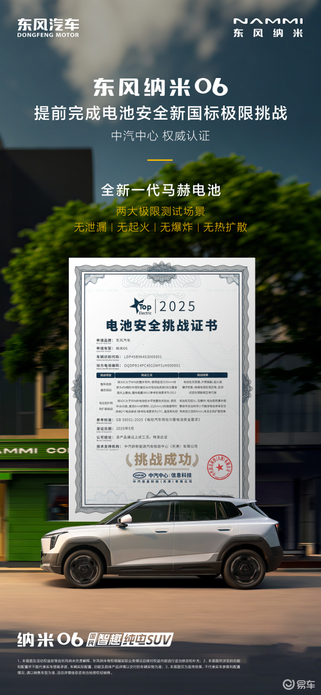 东风纳米06提前达标新国标，完成17项电池安全测试